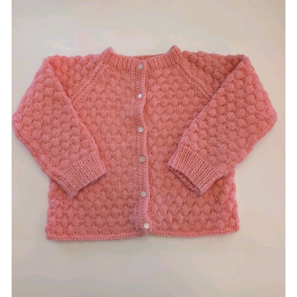 Vintage Girls Hand Knit Crochet Sweater Cardigan Pink Bobble Stitch Handmade 24m
